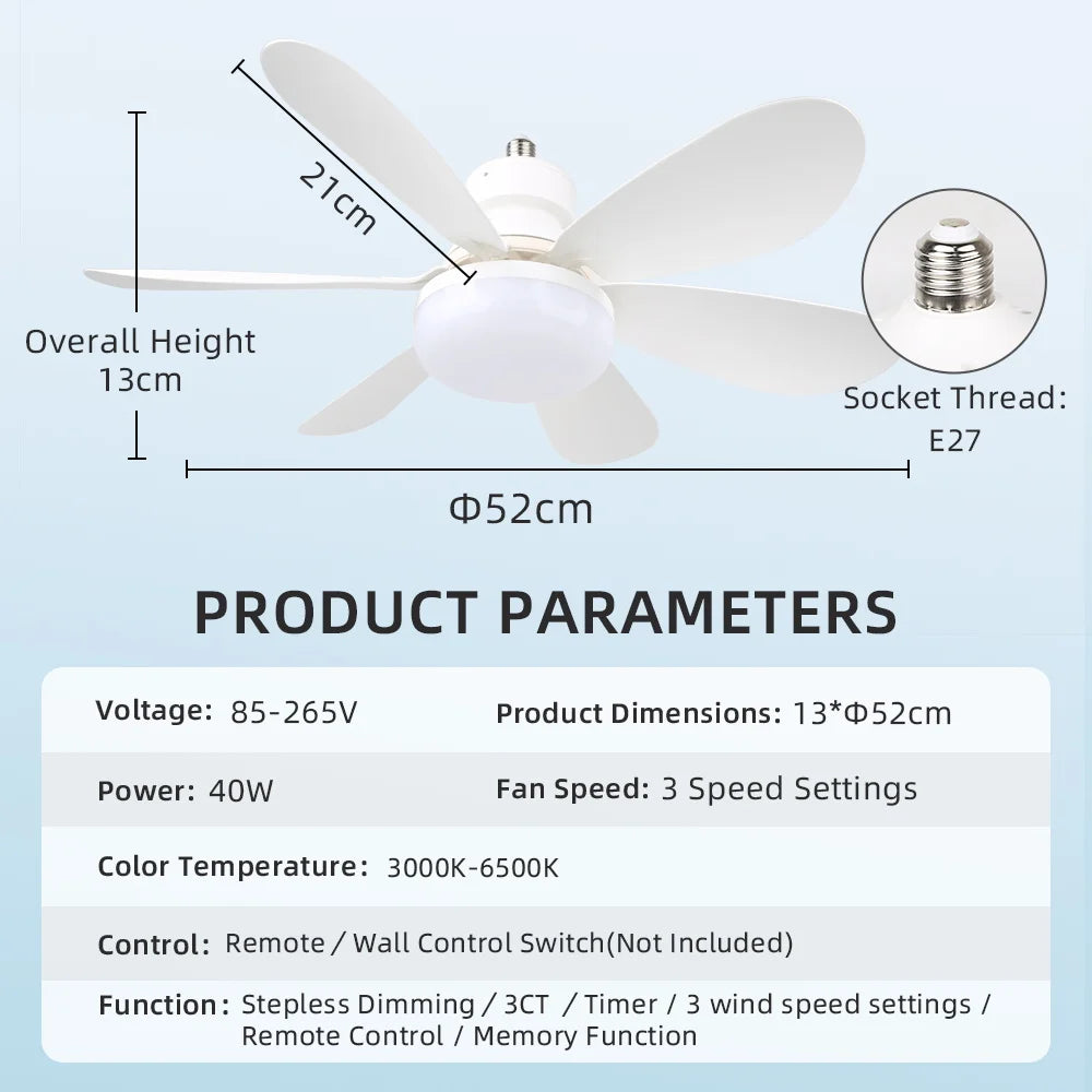 Timed Fan Lamp E27 LED Ceiling Fan Lights for Living Room Remote Control Dimmable 3-Color Kitchen Lamp 3-Speed Drone Fan Lamps