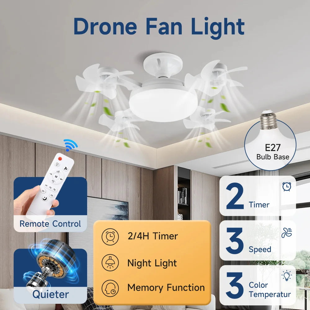 Timed Fan Lamp E27 LED Ceiling Fan Lights for Living Room Remote Control Dimmable 3-Color Kitchen Lamp 3-Speed Drone Fan Lamps