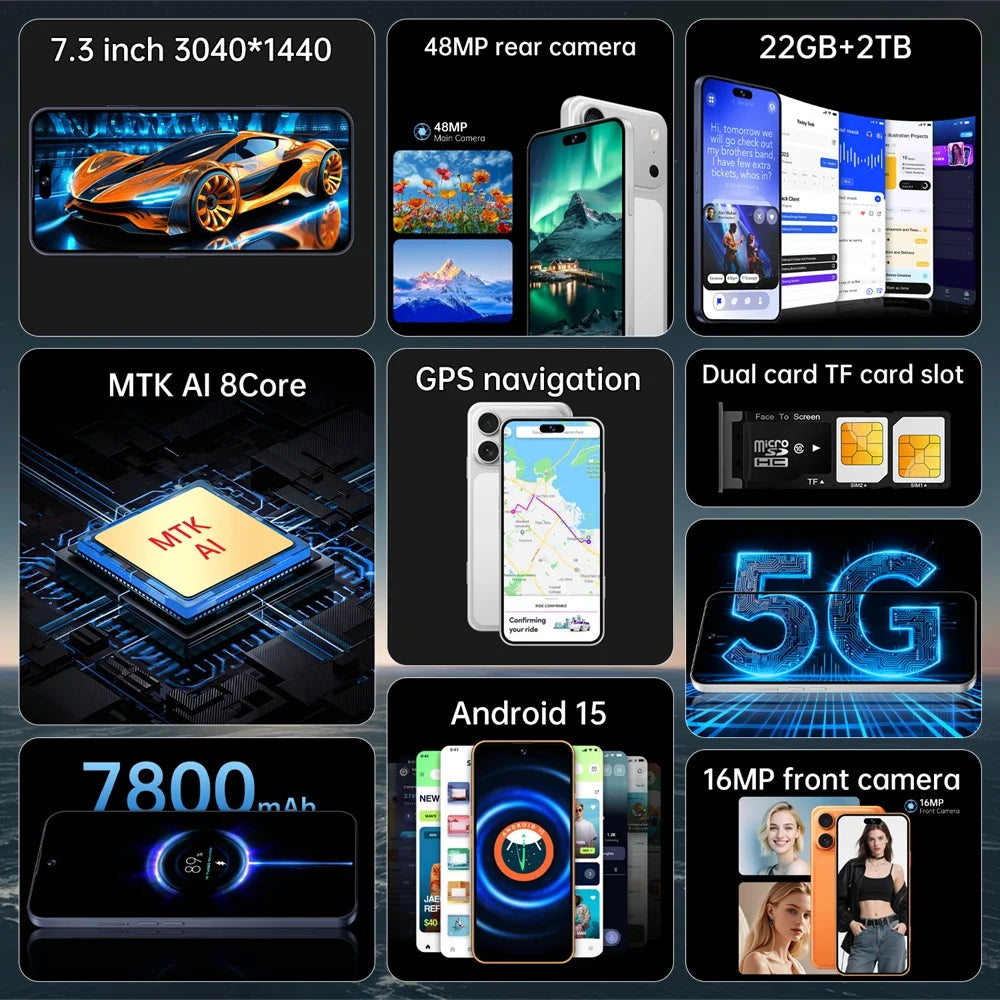 K-Touch New Ai iFone 17 Pro Maxi Android 5G Smartphone 7.3HD 22G+2TB Smart Mobile Phone 16+48MP Dual SIM 7800mAh Unlocked Cell Phone Global Version